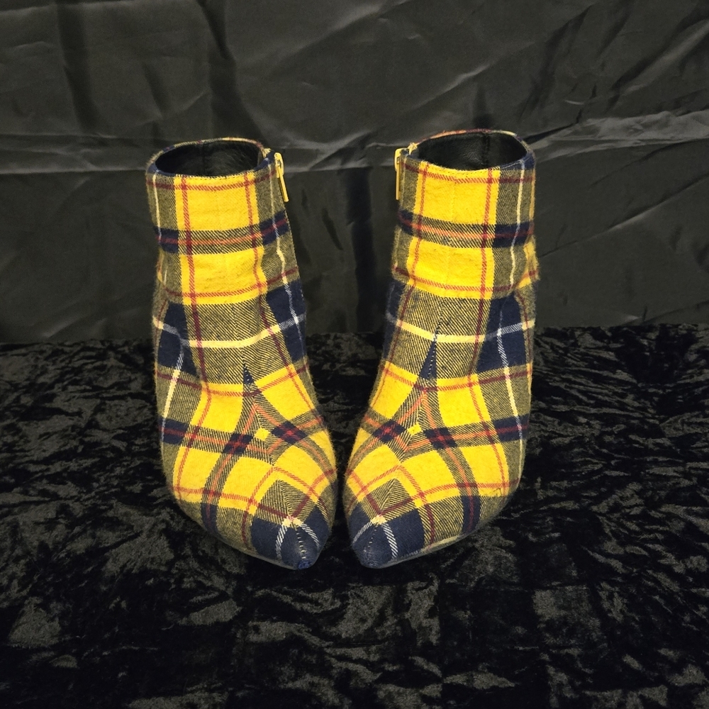 Jeffrey Campbell yellow plaid bootie heels 7.5 size womens